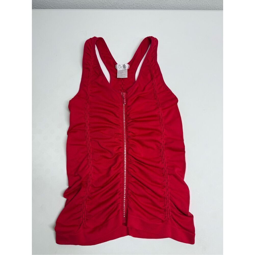 Grip Women’s Tank Top Full Rhinestone Trim Zip Ruched Stretch One Size Red